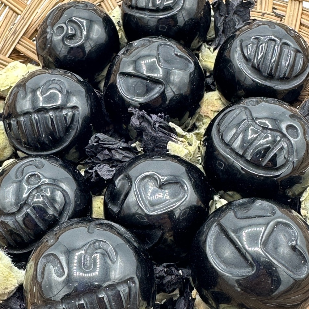 Black Obsidian Sphere Carved Face Psychic Protection Stone (man made) - Picture 3 of 9